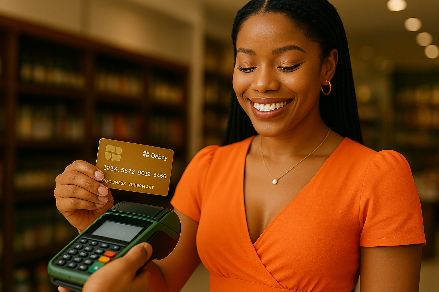 Happy retail customer using Debby branded spend card