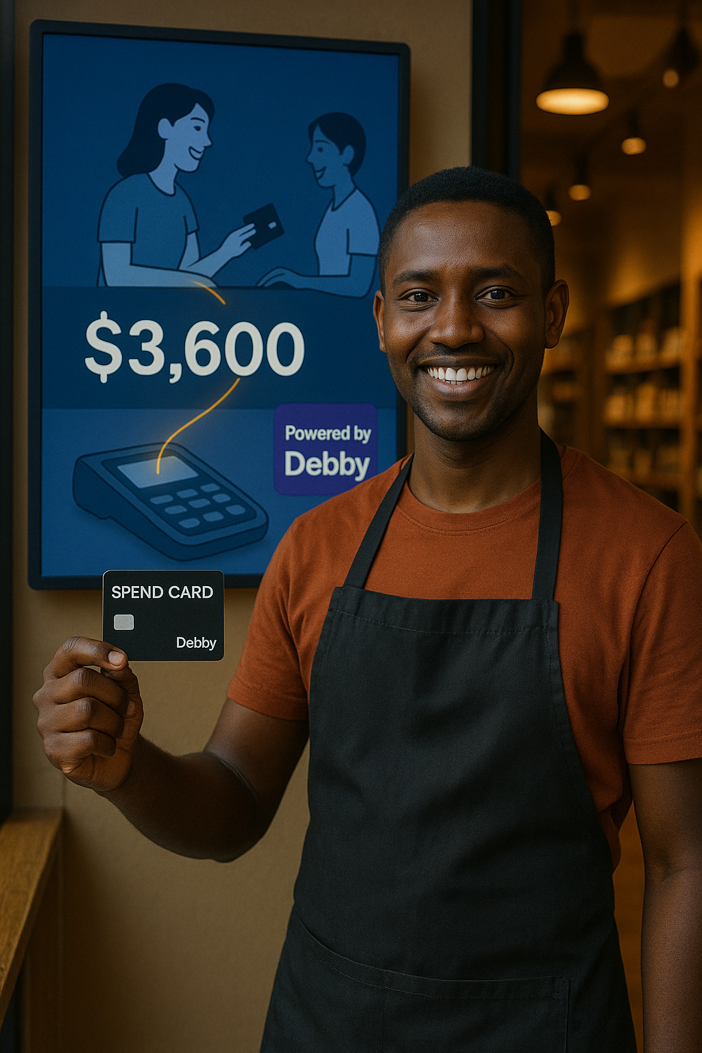 Retail business owner holding Debby spend card with revenue display showing $3,600